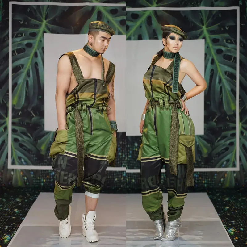 

Men Women Jazz Dance Costume Sexy Bar Nightclub Stage Wear Army Green Jumpsuit Sleeveless Loose Overalls DJ Performance Rompers