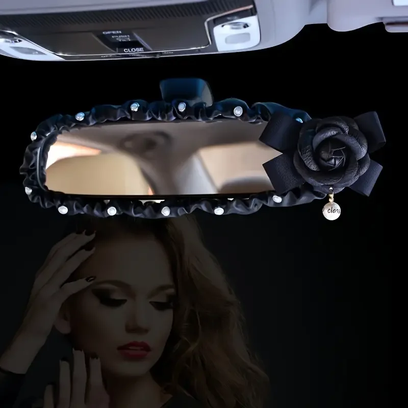 Leather Car Rearview Mirror Cover Camellia Flower Pearls Auto Interior Rear View Mirror Decoration Car Accessories for Women