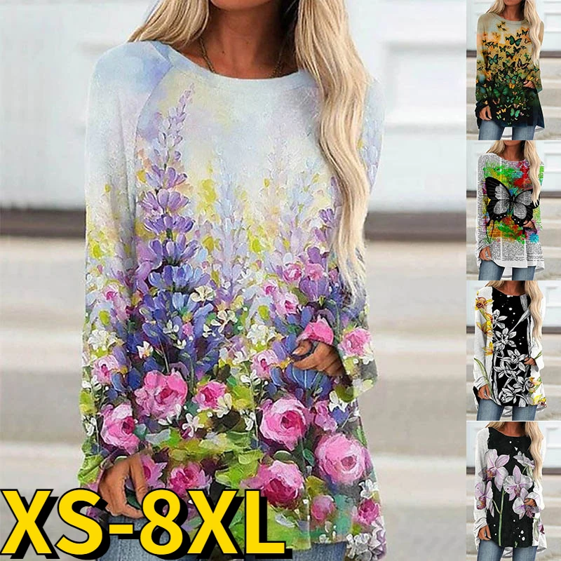 

2022 Winter Everyday Round Neck Flower T-shirt Autumn Loose Long Sleeve Women's Fashion Casual Pullover Vintage Prints Tops Tee