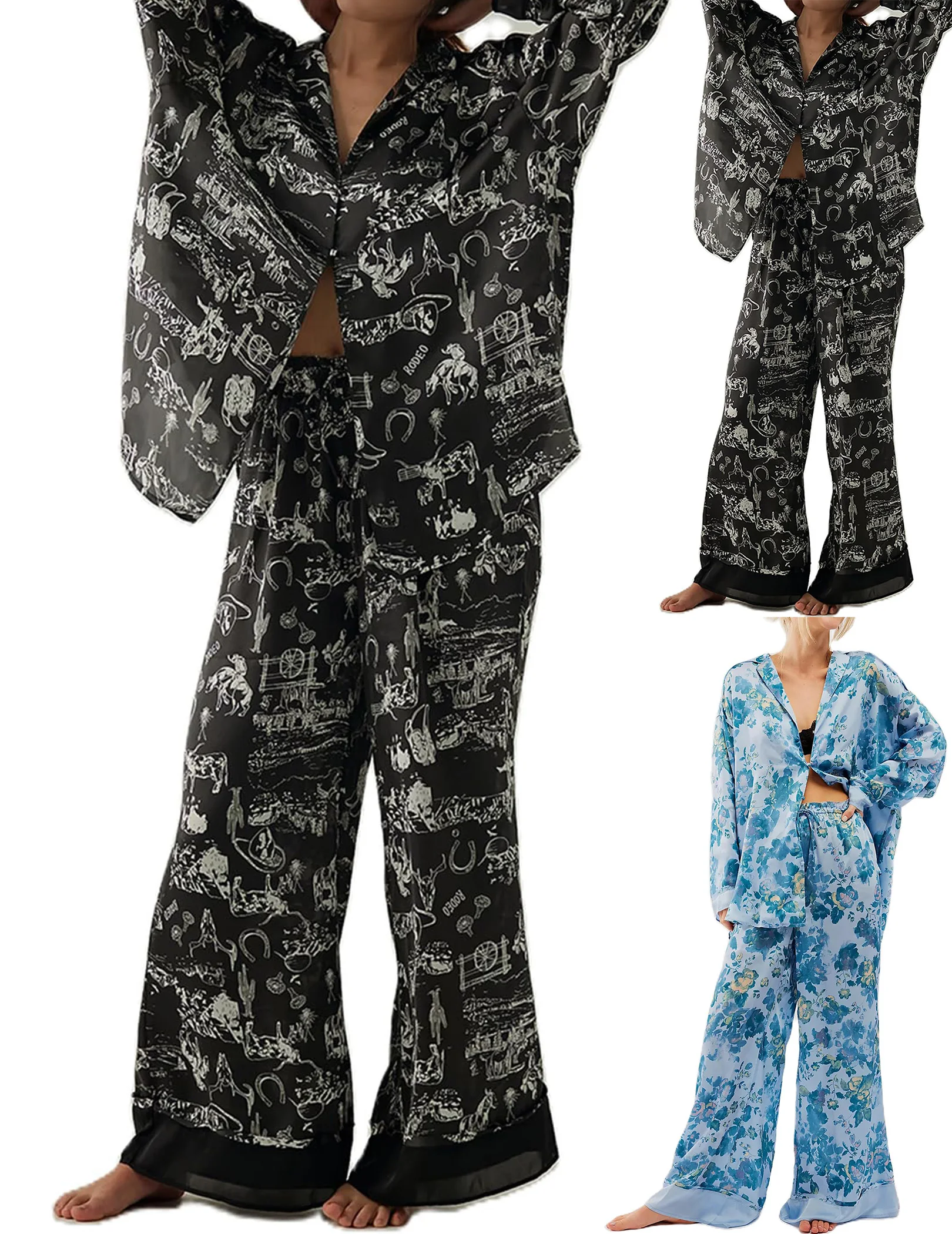 Women Satin Pajama Set Floral Silk Lounge Sleepwear