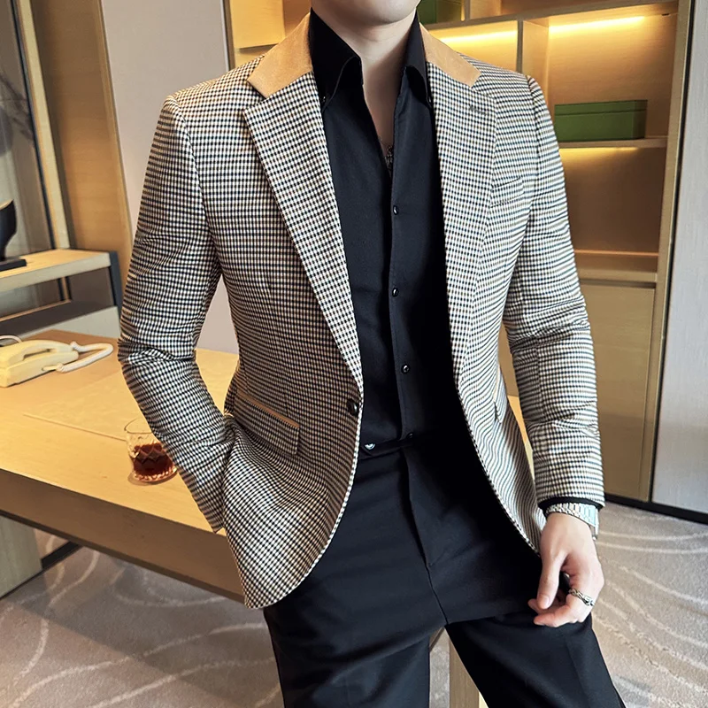 Men Suit Jacket Luxury Fashionable Business Slim Fit Lapel Plaid Dress Wedding Groom Tailcoat 4XL-M