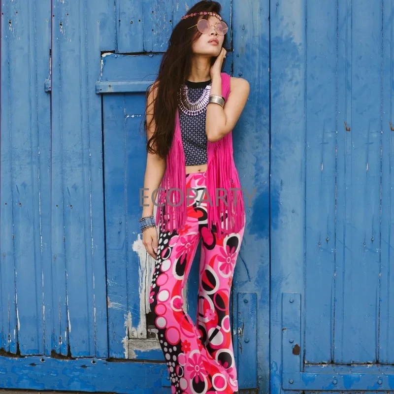 60s 70s Hippie Costume Set Peace Sign Earring Headband Fringe Vest