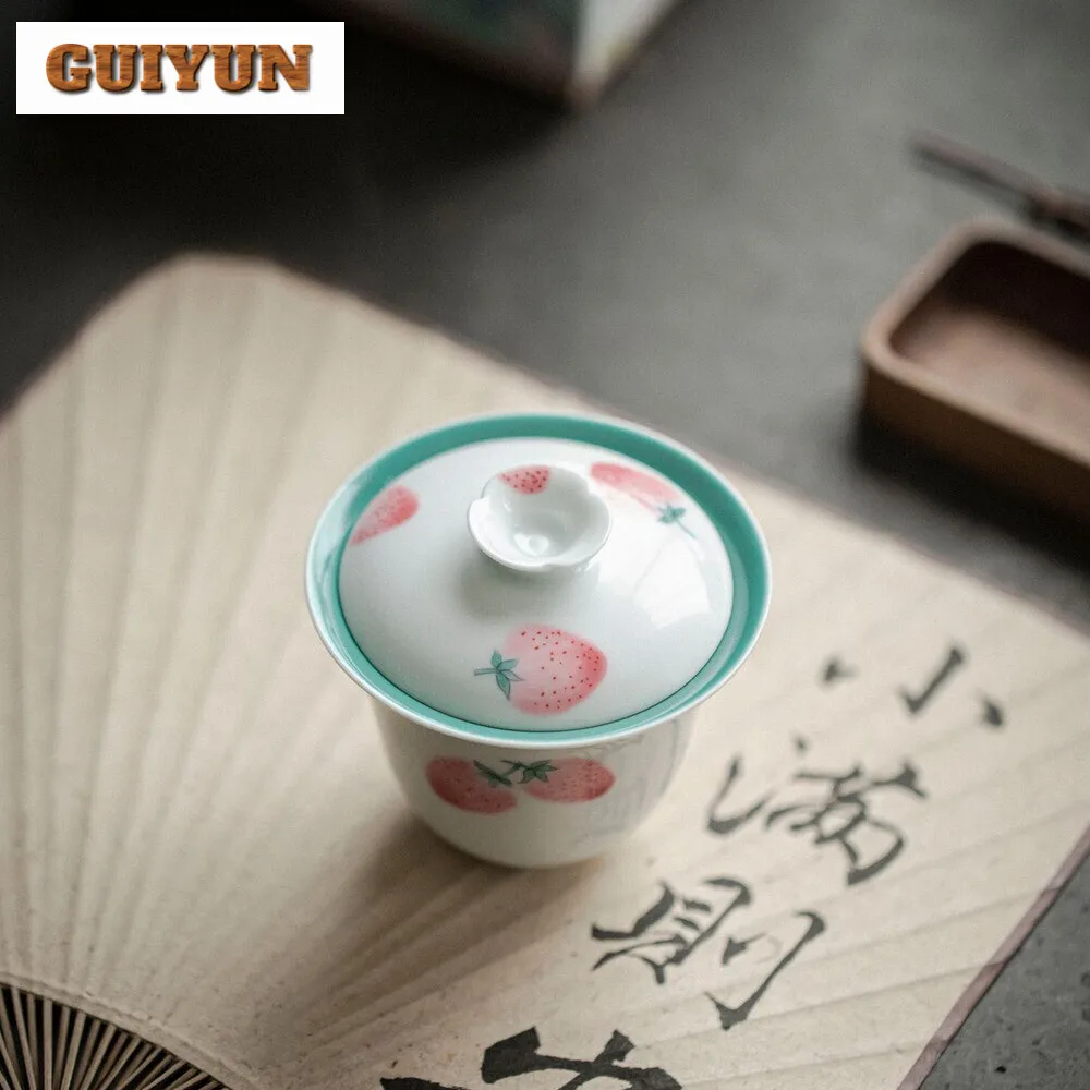 120ml Hand-painted Strawberry Gaiwan Japanese Pink Literati Tea Tureen Chinese Tea Brewing Cover Bowl Drinkware Supplies Craft