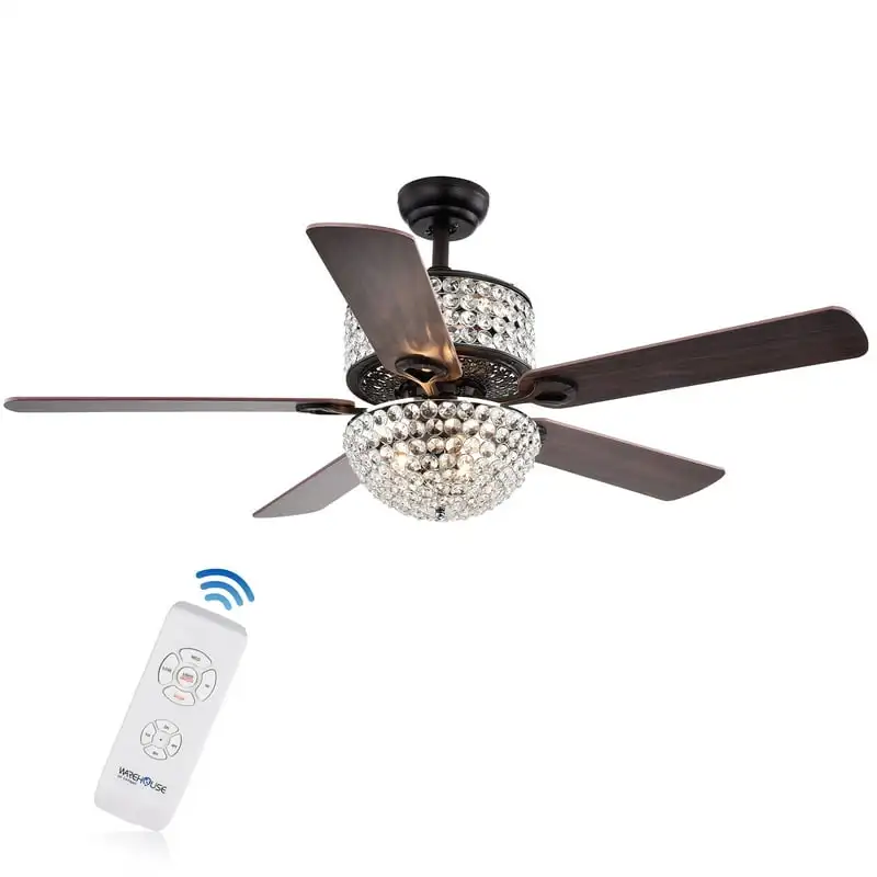 Chrome 5-blade 52-inch Lighted Ceiling Fan with Crystal Shaded Chandelier (Remote Controlled)