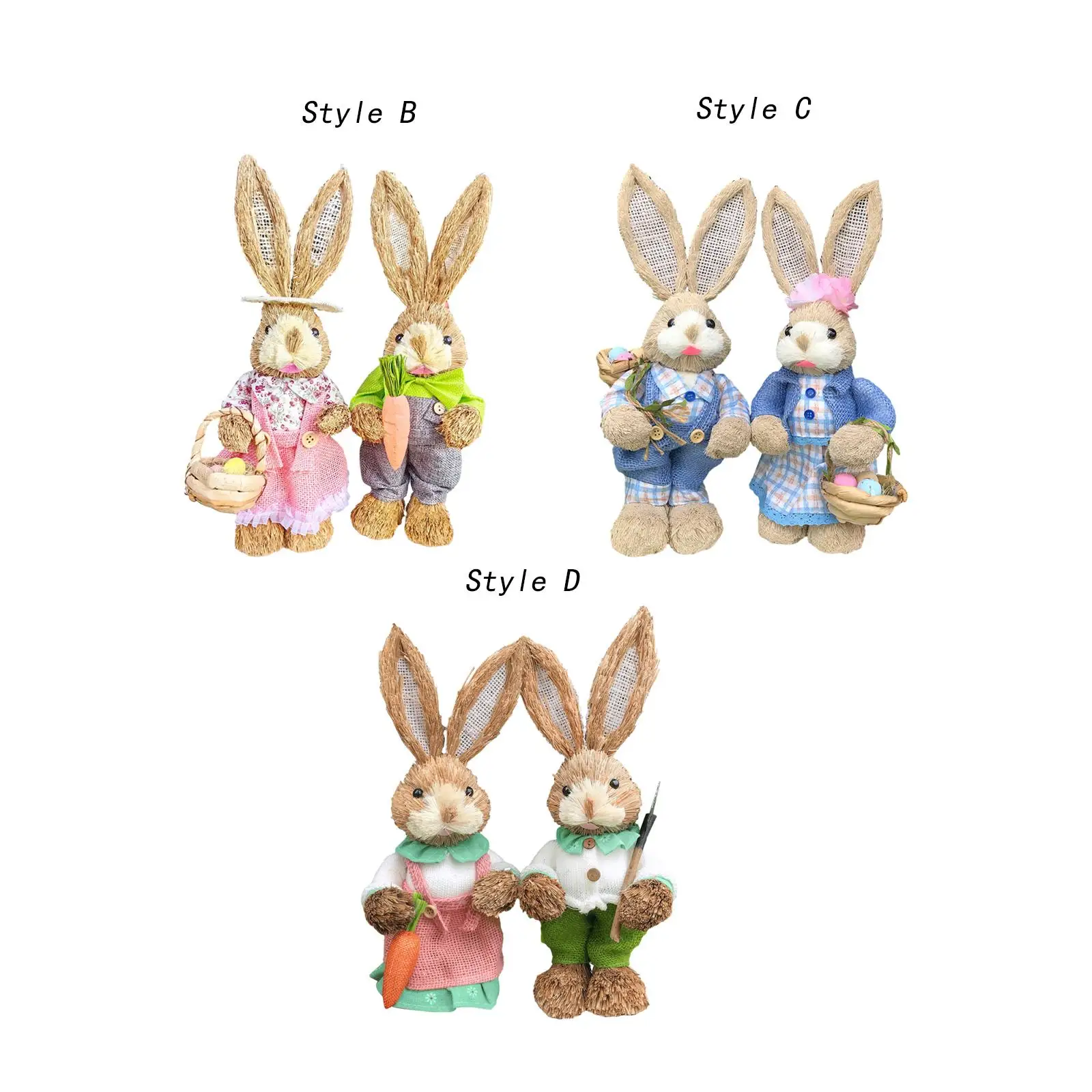 2Pcs Rabbit Sculptures Easter Gifts Cute Straw Bunny Figurines Garden Decor Animal Statues for Balcony Lawn Room Bedroom Yard