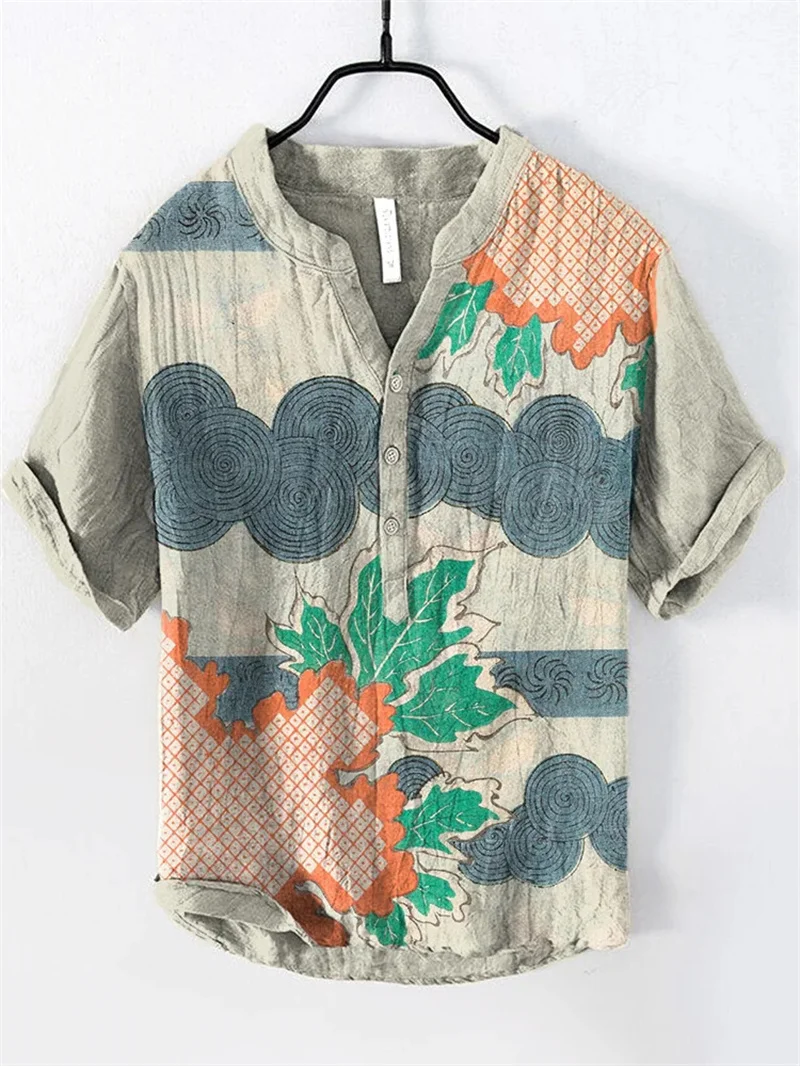 Men's casual fashion outdoor seaside men's top shirt V-neck linen blend shirt new plus size