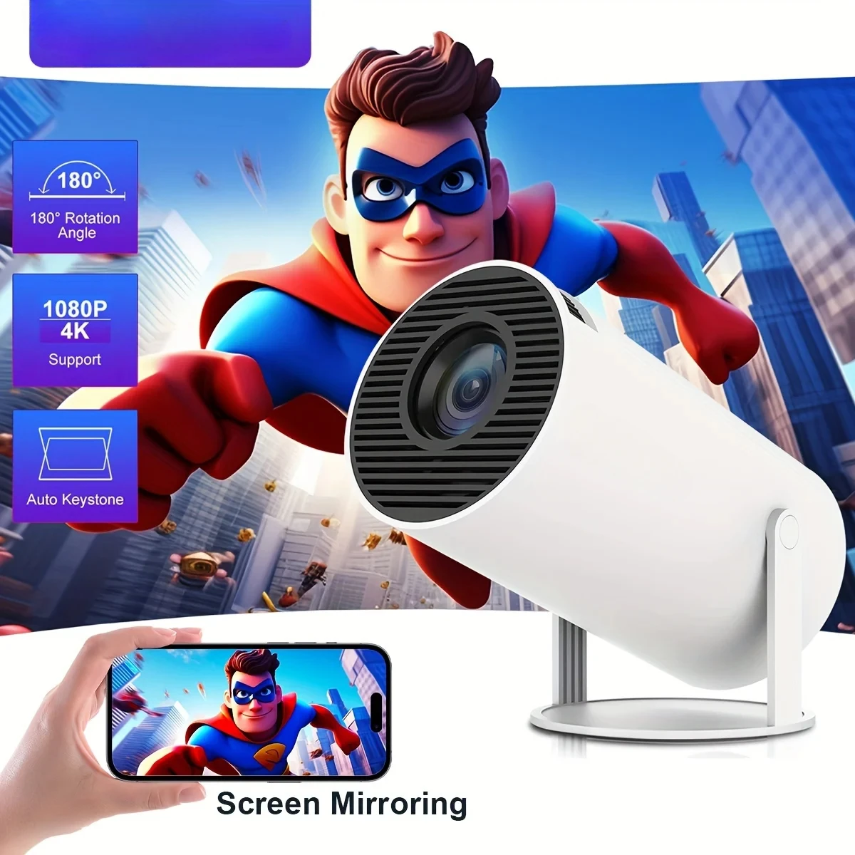 HY300Pro Projector with Screen Mirroring System US plug Hi-chip A3100 200ANSI Native 1280*720P Dual wifi Home Cinema