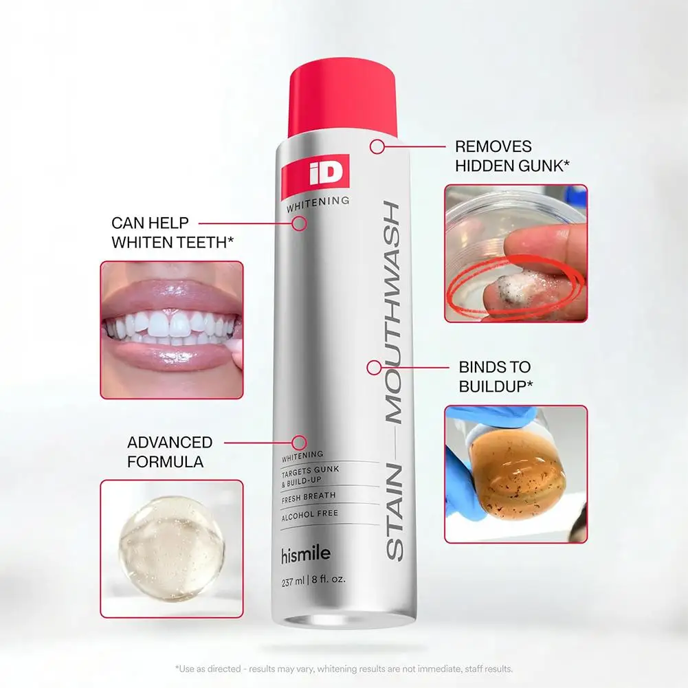 Hismile ID Stain Whitening Mouthwash Gentle Fresh Breath Remove Plaque Stains Enamel Safe No Sensitivity Home Oral Care