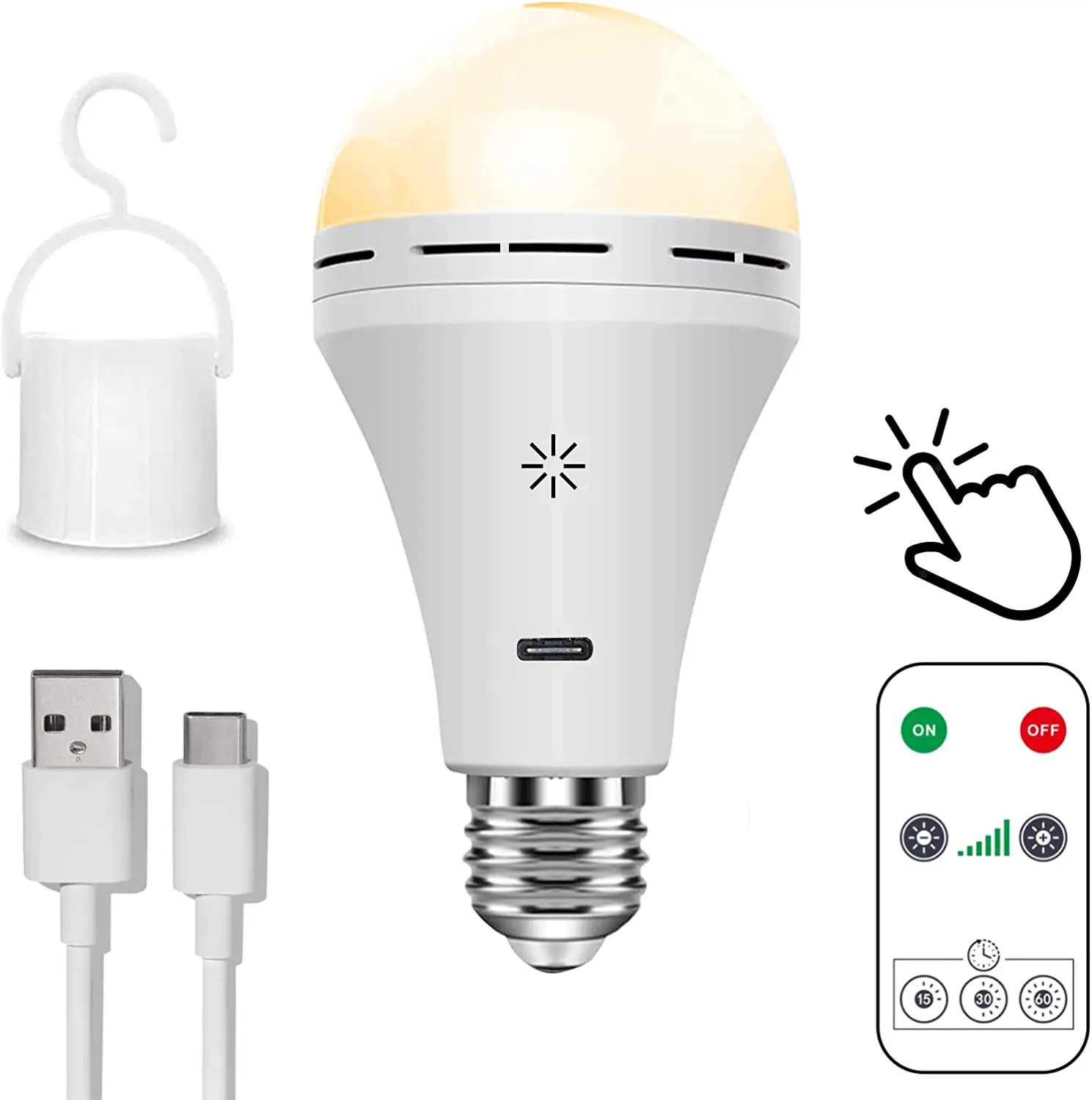 LIKERTLA - Bombillas recargables USB con mando a distancia, LED de 9 W, con  control táctil funciona con pilas, E26/27, luces regulables de emergencia  portátiles con temporización, para fallas de alimentación en