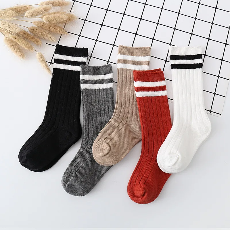 Cotton Baby Boys Girls Knee High Long Socks Classic White Stripes Solid Breathable Double Needle Children School Uniform Socks Kids Socks