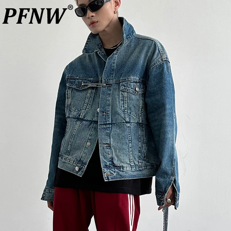 

PFNW Spring Autumn New Men's Denim Jackets Silhouette High Street Outdoor Pockets Fashion Niche Loose Casual Chic Coats 28A1195