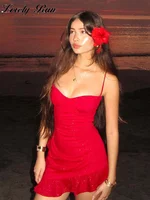 Sexy Ruffle Sling Dress Women Red Beach Sleeveless Backless Mini Female Dresses 2025 Spring Summer Lady Vacation Party Robe 1