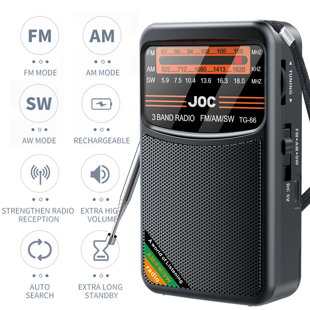 Battery Operated Radio FM AM SW Type-C Rechargeable Transistor with HD Display Screen Pointer For Elder
