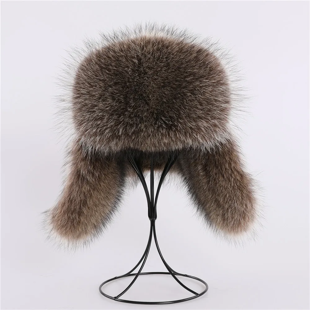 Chapeau Ushanka Fourrure Véritable Raton Laveur - Aviateur Hiver - Taille Réglable 54-62 Cm