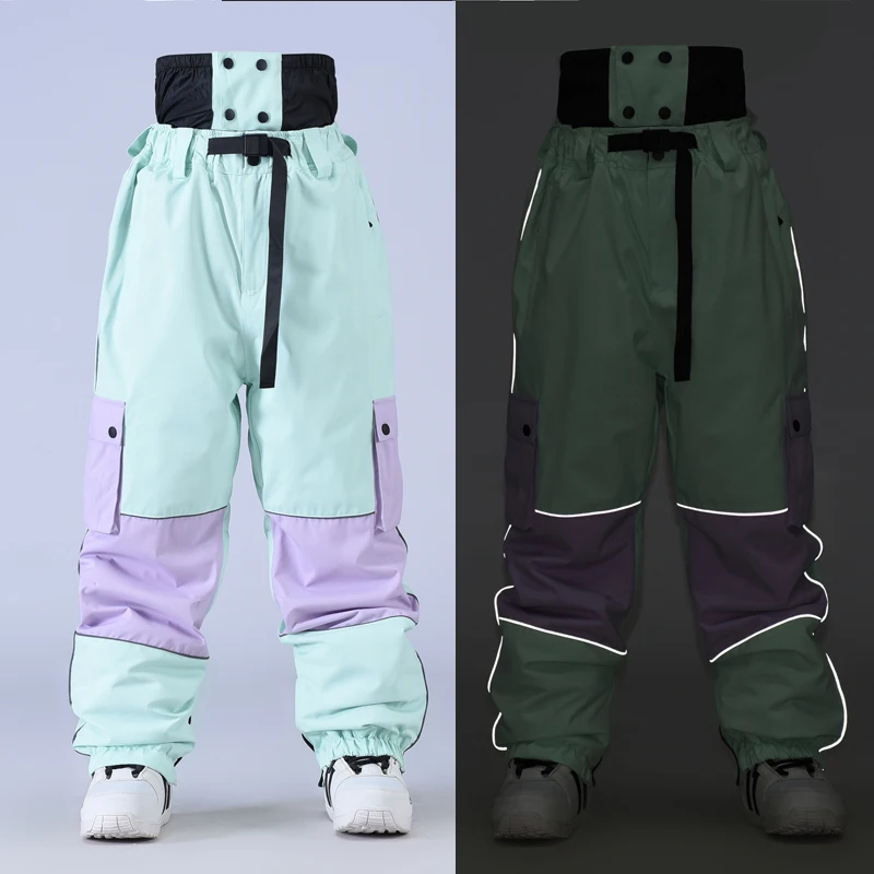 Winter Thick Ski Pants High Quality Straight Reflective Skiing Bib Men Women Warm Waterproof Windproof Outdoor Sports Snowboard