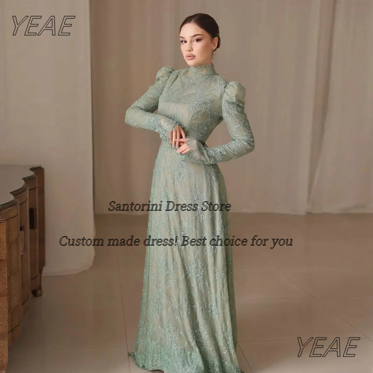 

Santorini Dubai Arabia Women Wear Lace Evening Dresses High Collar Long Sleeves Prom Dress A Line Wedding Party Bride Gowns