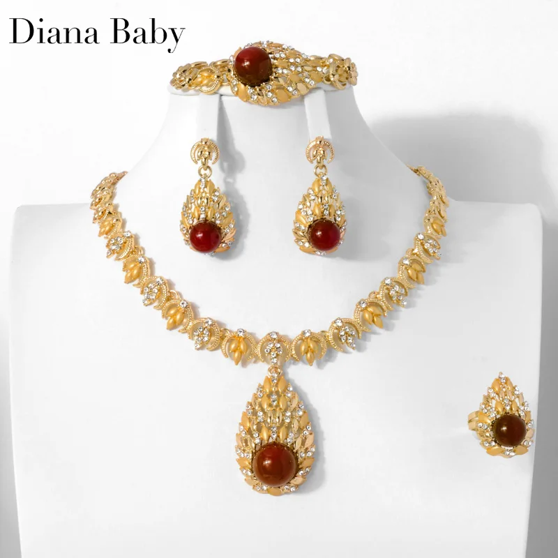 

4 Pcs Jewelry Set Water Drop Pendant Necklace Bracelet Ring Earring For Women Gold Color Dubai African Italy Wedding Gifts