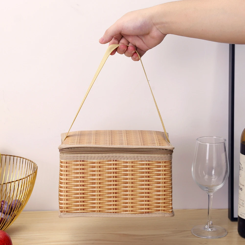Lunch Cooler Bags Thermal Cooler Wicker Rattan Picnic Bags with Strap Zipper 22x14x12cm