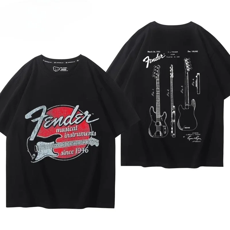 Sommerliches Kurzarm-Oberteil aus 100 % Baumwolle mit Jazz-Rock-Print. Herren-T-Shirt mit Bass- und Gitarrenmotiven. Fenda Street Style.