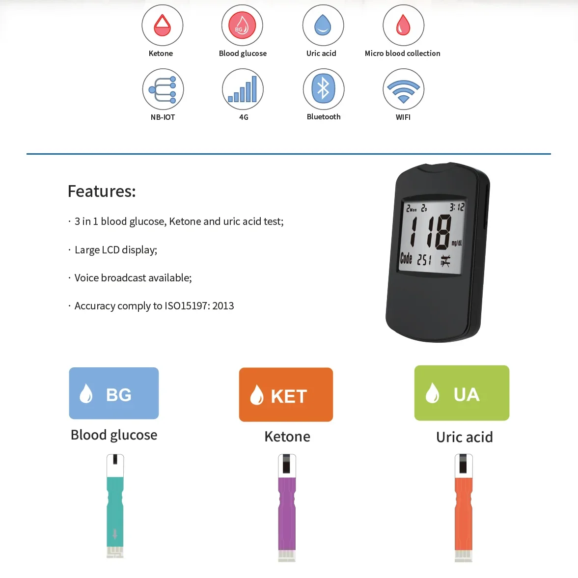 Blood Glucose Monitor Blood glucose Ketone And Uric acid Test Large LCD display Meter Glucometer Kit Diabetes Blood Ketone Tester 3 in1 Multifunction
