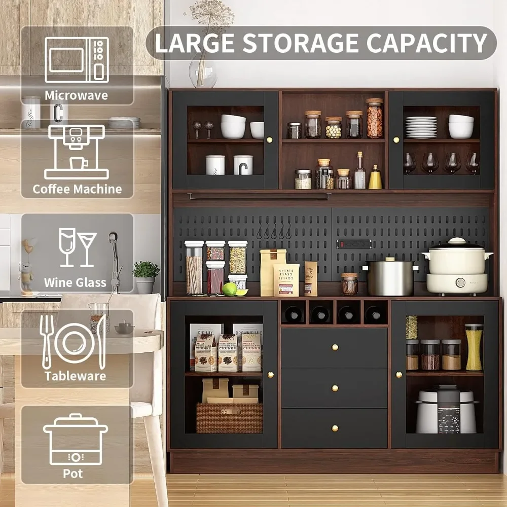 Wine Cabinet with Pegboard, Cup Holder, Power Outlet, 4 Doors & 3 Drawers, Microwave Shelf & Wine Rack, Freestanding Bar Cabinet