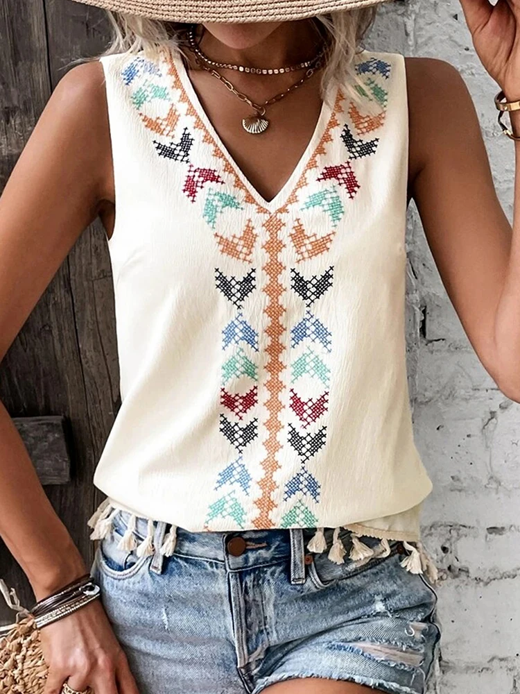 

KHALEE YOSE Boho Floral Printed Tanks Camis Bohemian Vintage Summer Beige Tassels Women Ladies 2xl Ethnic Vacation Vest Tops