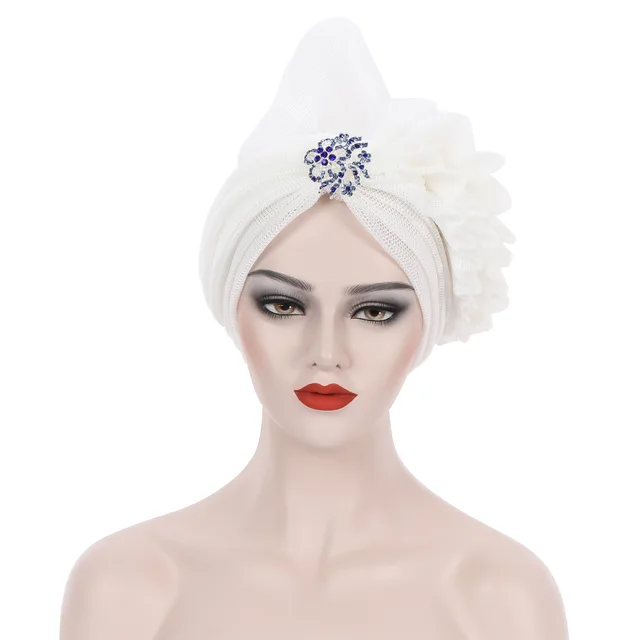 Breathable Auto Gele Headgear Turbans Laminated Fashion African Multicolor Headscarf Muslim Hat for Women Aso Oke Already Made White