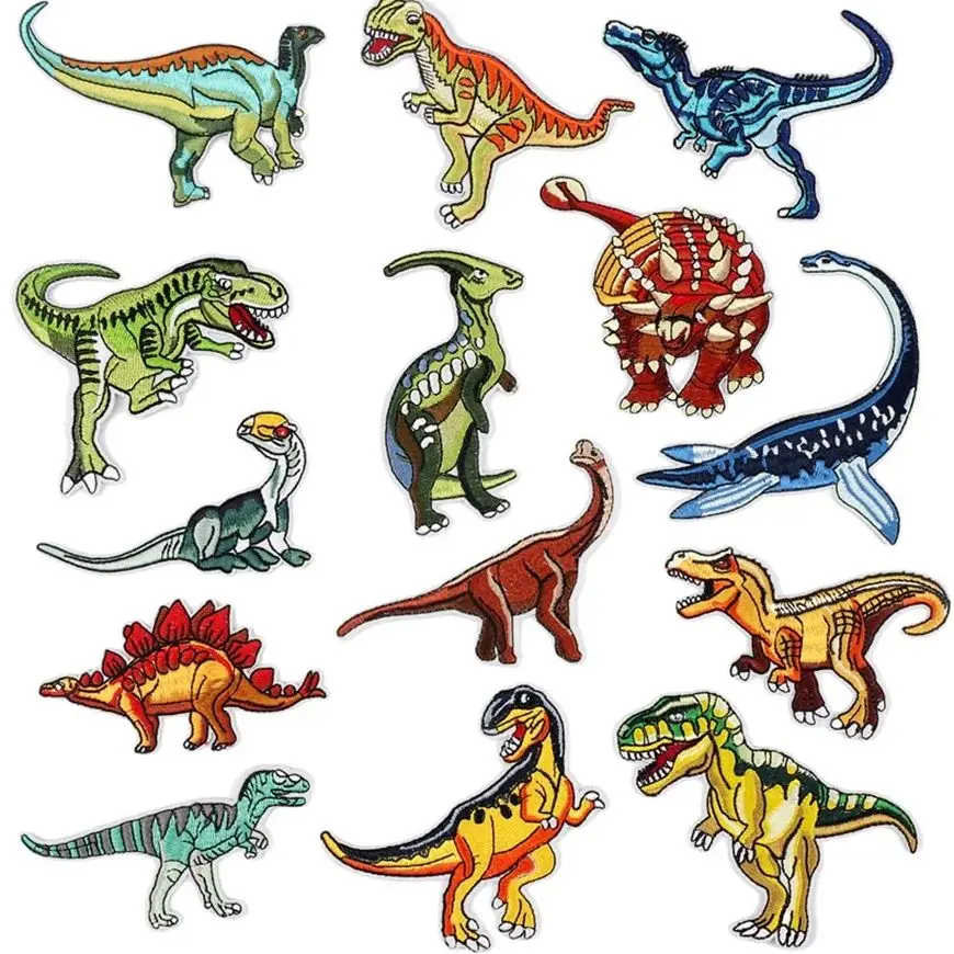 

14Pcs Cartoon Dinosaur Applique iron on Patch Embroidered Cloth Patch For Sew Child clothing badge ironing Decor Jeans Sticker