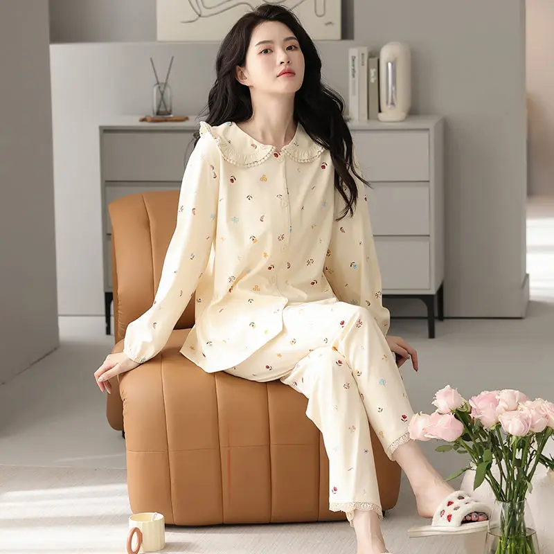 new products pure cotton pajamas women s summer korean style hipster thin short sleeve less women s students cotton homewear set Extra Large Size Loose Pajamas Spring Women Pure Cotton Long Sleeve Sweet Homewear Suit Korean Style Casual Sleepwear Set 2024