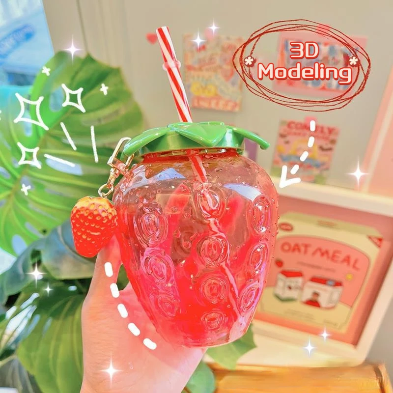 Summer cartoon kawaii strawberry straw cup plastic cup lovely girl milk tea coffee student portable water water bottle