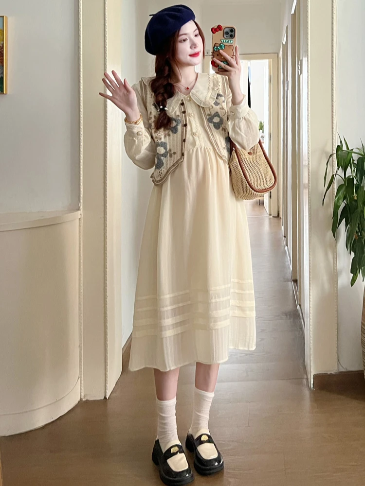 Spring Maternity Dress Suits Fashion Long Sleeve Dress Vintage Vest Twinset Plus Size Pregnant Woman Clothing Sets Twinset