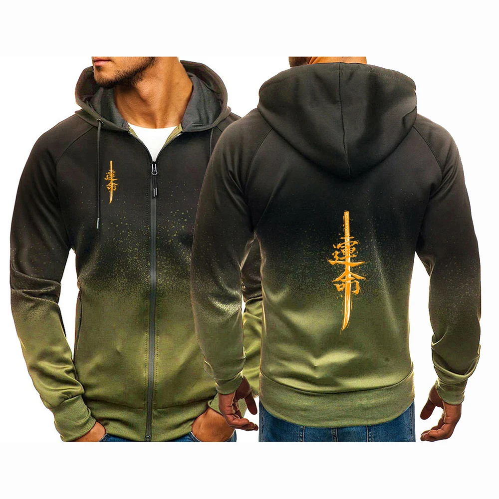 Mens Gradient Color Hoodie Samurai Print High Quality Coat Jacket