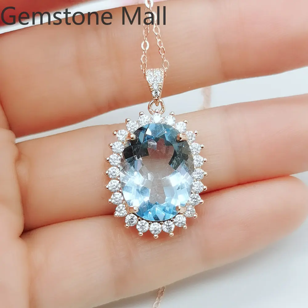 

VVS Light Blue Topaz Necklace Pendant for Party 12mm*16mm 10ct Natural Topaz Pendant 925 Silver Topaz Jewelry with Gold Plating