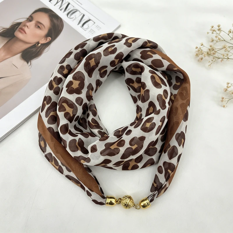 Leopard Print Magnetic Buckle Scarf, Square Thin Chiffon