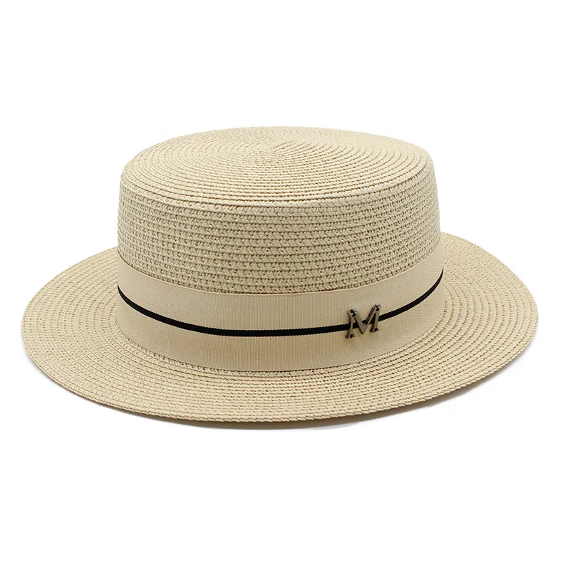 6 Inch Brim Beige Sun Hat With Black Ribbon Band / Flat Brim 