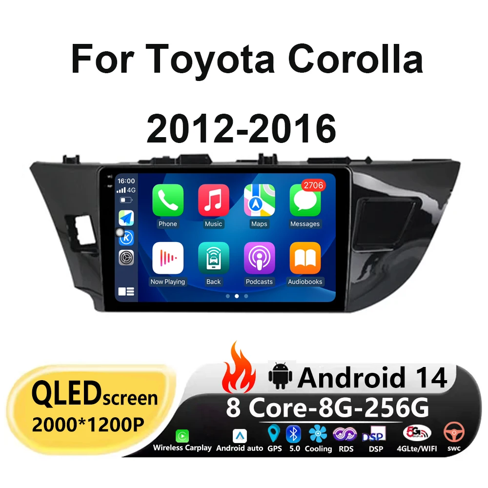 

Автомобильная Мультимедийная система Carplay, 10 дюймов, Android 14, для Toyota Corolla 2012-2016, радио, видеоплеер, навигационный экран, 4G, Wi-Fi, GPS, RDS