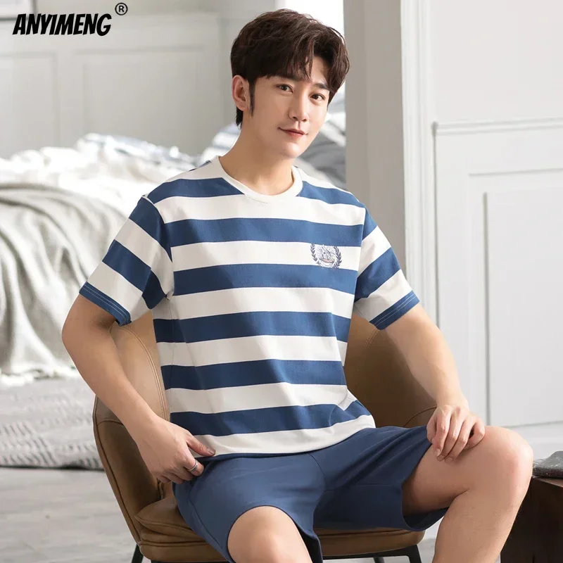 Man Pajamas Set Summer Cotton Big Size 4XL Mens Shorts Minimalist Nightwear Soft Leisure Loungewear for Boy Man Striped Pajamas Set man pajamas set