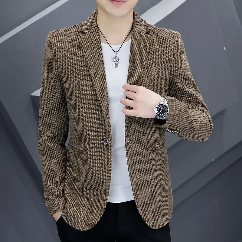 Thin Men's Suit Jackets Single Breasted Male Blazer Coat Brown Slim Fit High Quality Elegant Simple Classic Menswear Clothing - 2