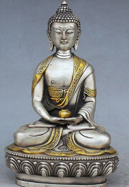 

decoration Tibet copper silver Tibet Buddhism Silver Gilt Lotus Seat Sakyamuni Shakyamuni Buddha Bowl Statue