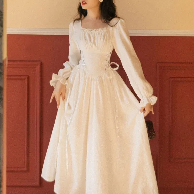 

French Style Spring Autumn Women Long Fairy Dress Square Collar White Black Jacquard Bandage Dress Classical Feminine Chic Dress