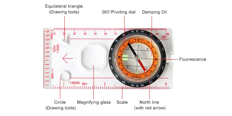 1ks přenosné zvětšovací kompas svrchovaný cross-country přihnat se měřit svrchovaný babočka síťkovaná škála vojenství kompas pro tramping kemping outdoorové