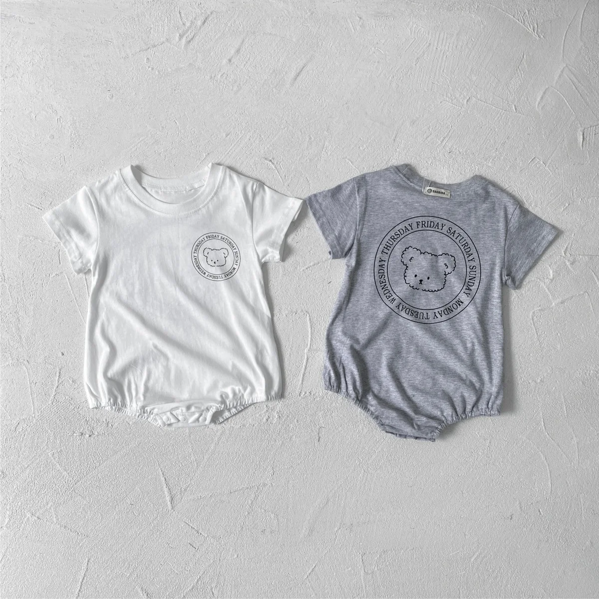 Newborn Baby Summer Romper Line Drawing Bear & Letter Print Short Sleeve Bodysuit for 0-2 Years Unisex Infant Outfit Jumpsuit