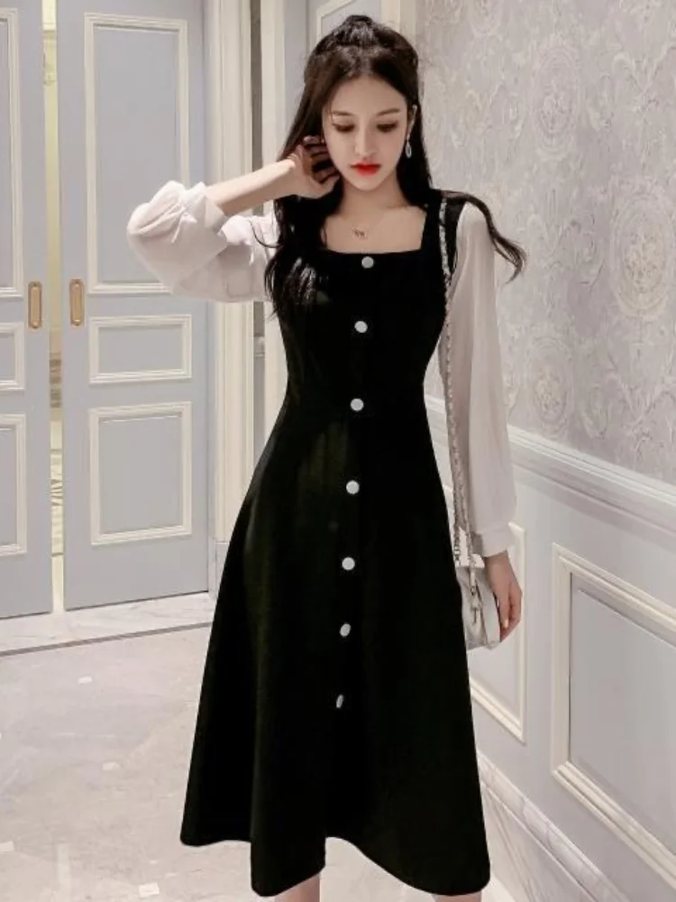 

over the knee Vestidos Korean Style Wrap Midi Dress Women Kpop Casual Patchwork Button Long Sleeve Square Collar Dresses 2023