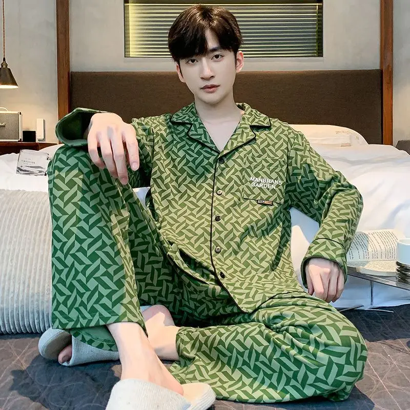 Spring Autumn 2024 New Cotton Long Sleeve Pajamas Cartoon Thin Nightdress Men's Loose Casual Nightgown Lapel Print Home Wear Set