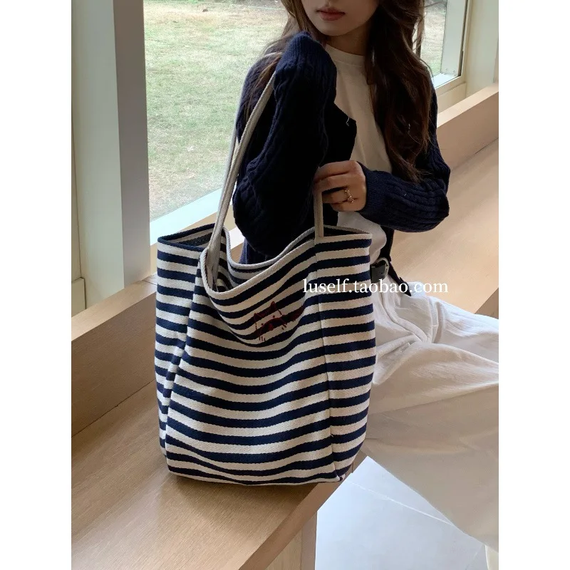 2025 New Versatile Striped Canvas Bag, Niche Embroidery, Large Capacity Lazy Style Tote Bag