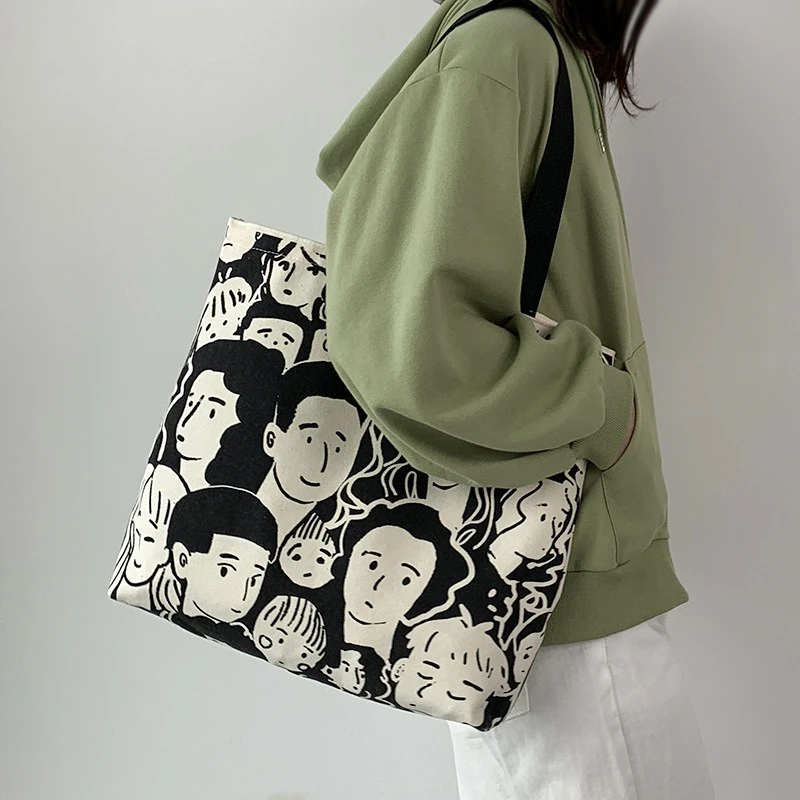 Teen Youth Pattern Canvas Bag, Large Capacity Female Single Handbag Shoulder Bag, Student Literary Artistic Simple Shopping Bag