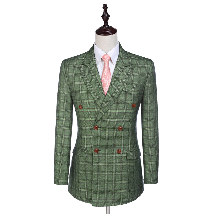 Tailored Slim Fit Man Suit Green Damier Check Groom Tuxedos Groomsman Suit Worsted Wool Business Jacket+pants+vest