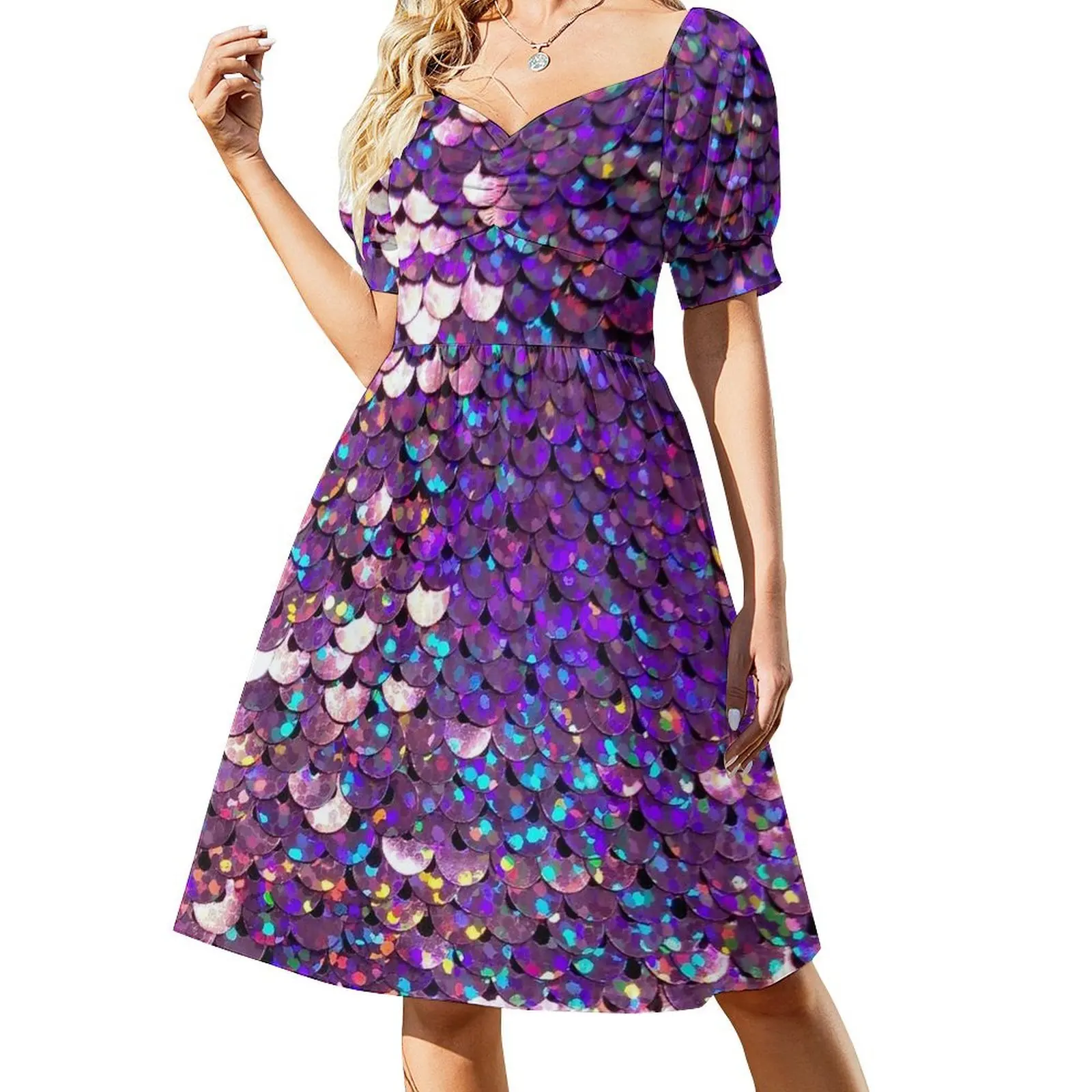 thumbnail image 1 of Imagen fotográfica de vestido de manga corta morado brillante (foto de solo lentejuelas, no reflectantes), 1 of 7
