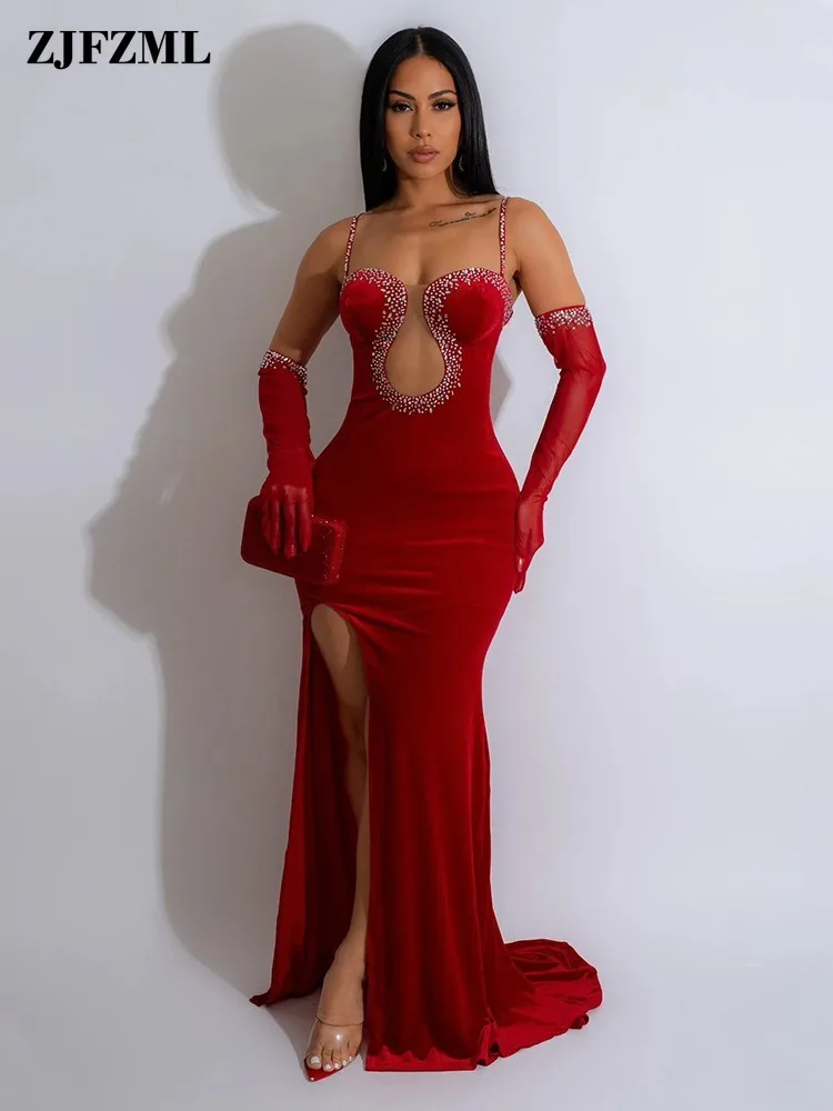 

Perspective Mesh Hot Diamond Cocktail Vestido for Women Evening Party Dresses Spaghetti Strap Side High Split Dress with Gloves
