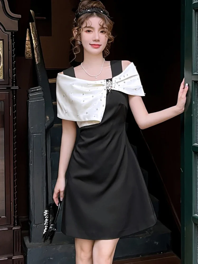 

2024 Black Patchwork Chic Embroidered Flares Mini Dress Women Korean Vintage Luxury Evening Dress Summer Elegant Bodycon Vestido